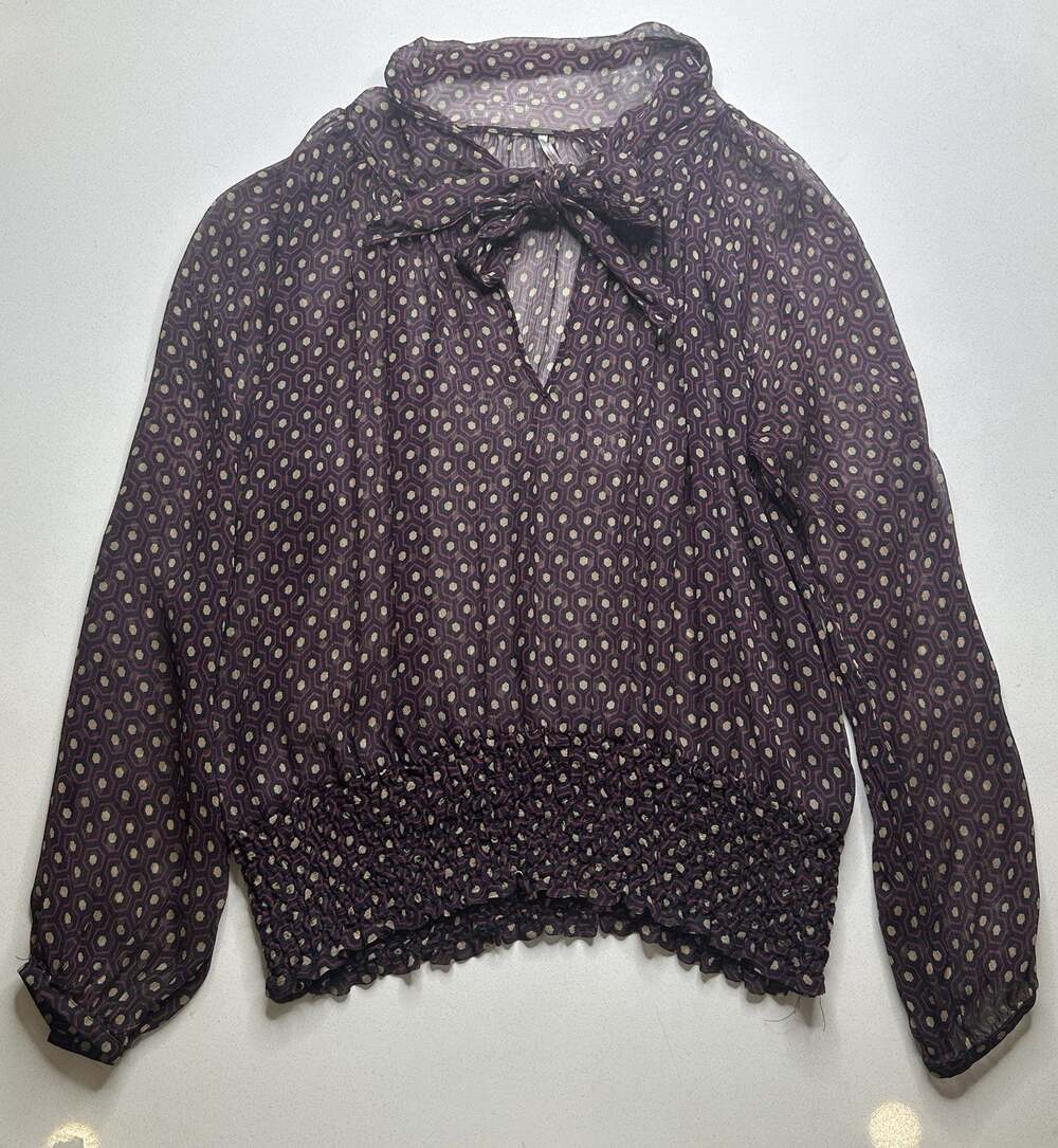 Free People Women’s Size M Silk Tie Sheer Chiffon Boho Blouse Geometric Black